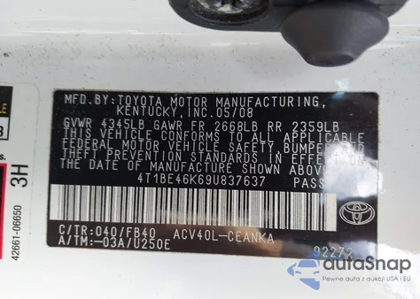 2009 Toyota Camry z USA, uszkodzony, nr VIN 4T1BE46K69U837637
